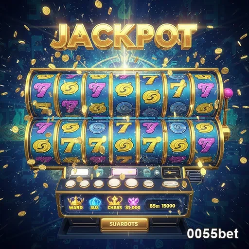 Imagem de caça-níqueis com o logo 0055bet, promovendo slots online em ambiente de cassino digital